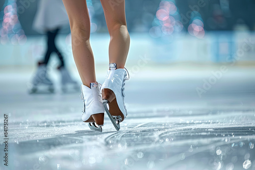 Female figure skater doing a spiral sequence, graceful performance photo