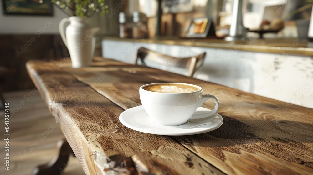 Cappuccino coffee is served in a white ceramic cup and saucer on a wooden table. Cappuccino coffee is served in a white ceramic cup and saucer on a wooden table.