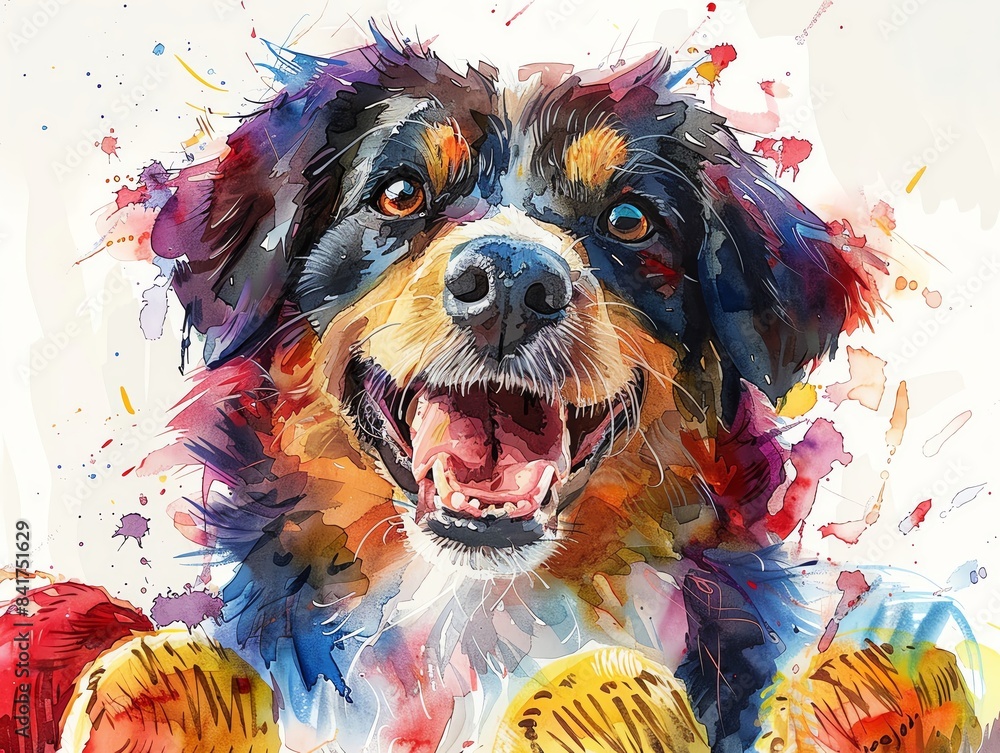 Colorful watercolor painting of a joyful dog, perfect for artistic and playful themes in home decor or animal projects.