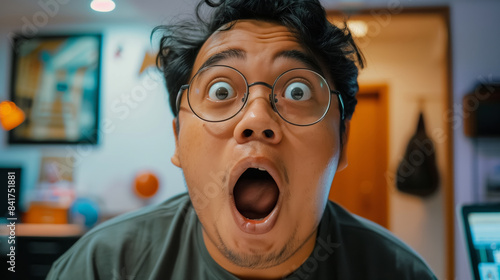 A man with glasses and a surprised expression on his face. He is looking at the camera. The room has a few items. someone who is happily surprised by something they are looking at, medium definition