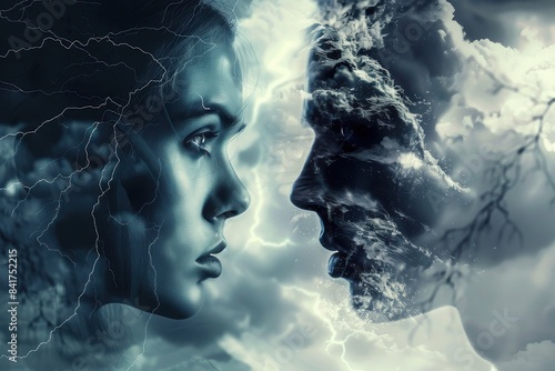 Depicting the contrast between weakness and strength  close up  duality theme  dynamic  double exposure  stormy sky backdrop