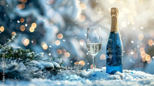 Champagne bottle and glass in snow with holiday bokeh lights