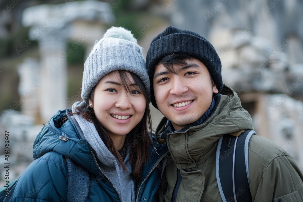 Portrait of a cheerful asian couple in their 20s donning a durable down jacket in backdrop of ancient ruins Portrait of a cheerful asian couple in their 20s donning a durable down jacket in backdrop of ancient ruins