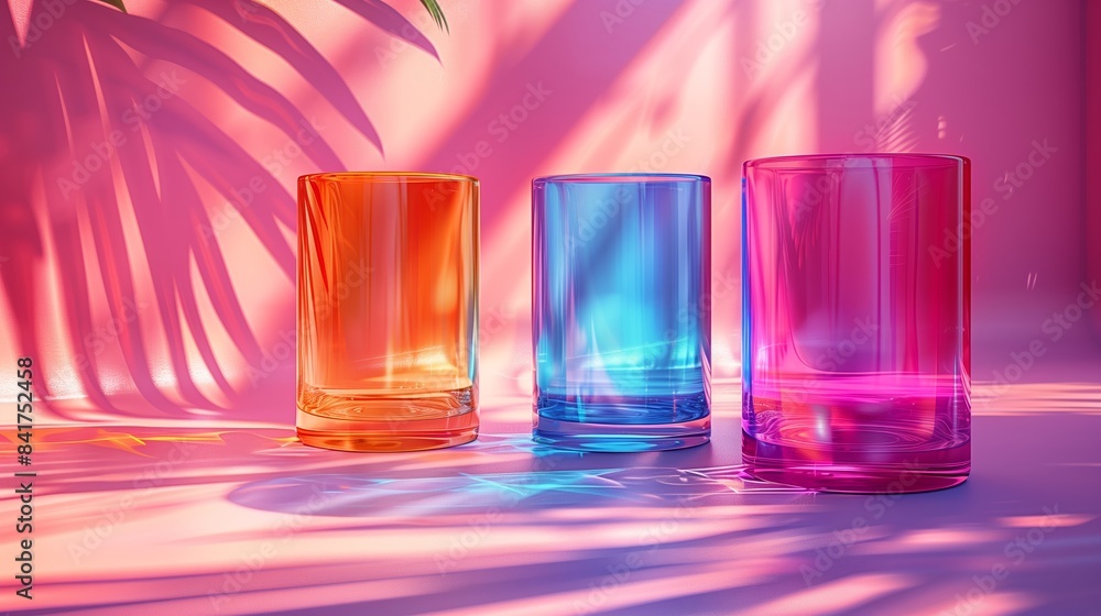 Three Colorful Glass Tumblers On A Pink Surface With Palm Leaf Shadows Three Colorful Glass Tumblers On A Pink Surface With Palm Leaf Shadows