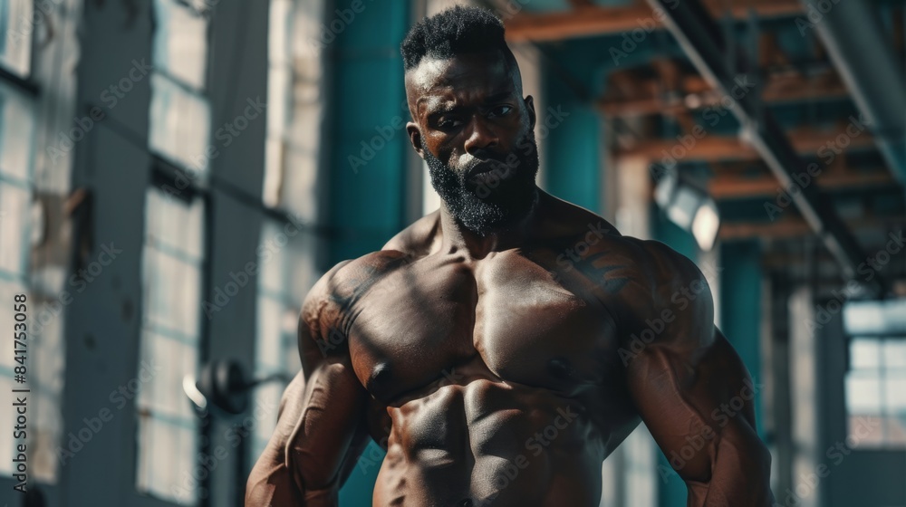 A muscular black man with a beard poses in a gym, showcasing his physique. A muscular black man with a beard poses in a gym, showcasing his physique.