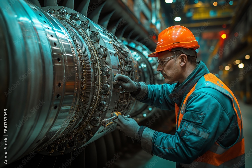 Engineer inspecting jet engine parts in plant Engineer inspecting jet engine parts in plant
