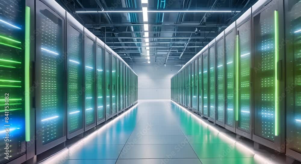 Server data center room hallway with neon light and reflections. Big data center Server data center room hallway with neon light and reflections. Big data center