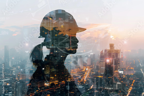 Double exposure of engineer and cityscape, engineering and urban life concept photo