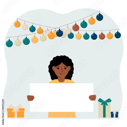 Celebration concept with garland, gift boxes and poster. A little girl smiles, rejoices and celebrates a birthday, name day, or a festive event. Vector flat illustration