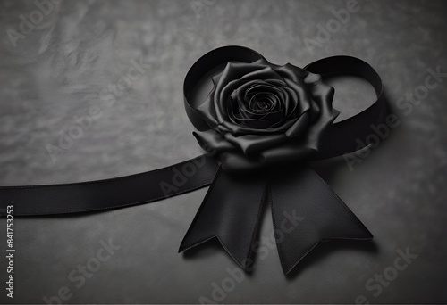 black ribbon in the shape of a rose on black background for obituary notice, funeral announcement, necrology