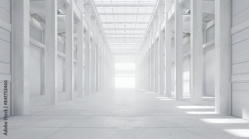An empty big white clean warehouse. Background image. Created with Generative AI technology. An empty big white clean warehouse. Background image. Created with Generative AI technology.