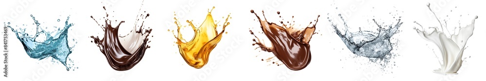 Collection of chocolates, water, oil splashes isolated on transparent or white background Collection of chocolates, water, oil splashes isolated on transparent or white background