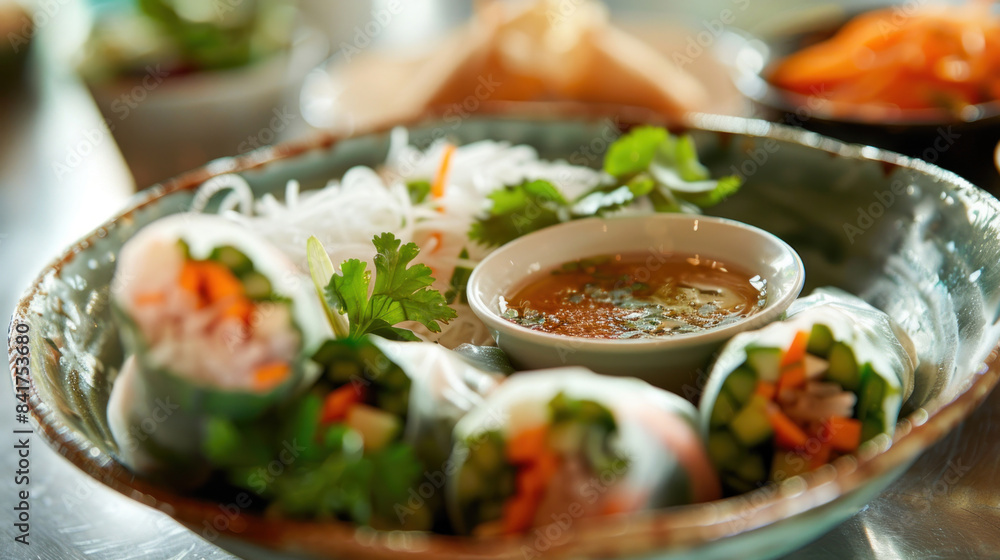 Fresh spring rolls with vegetables and a side of dipping sauce Fresh spring rolls with vegetables and a side of dipping sauce