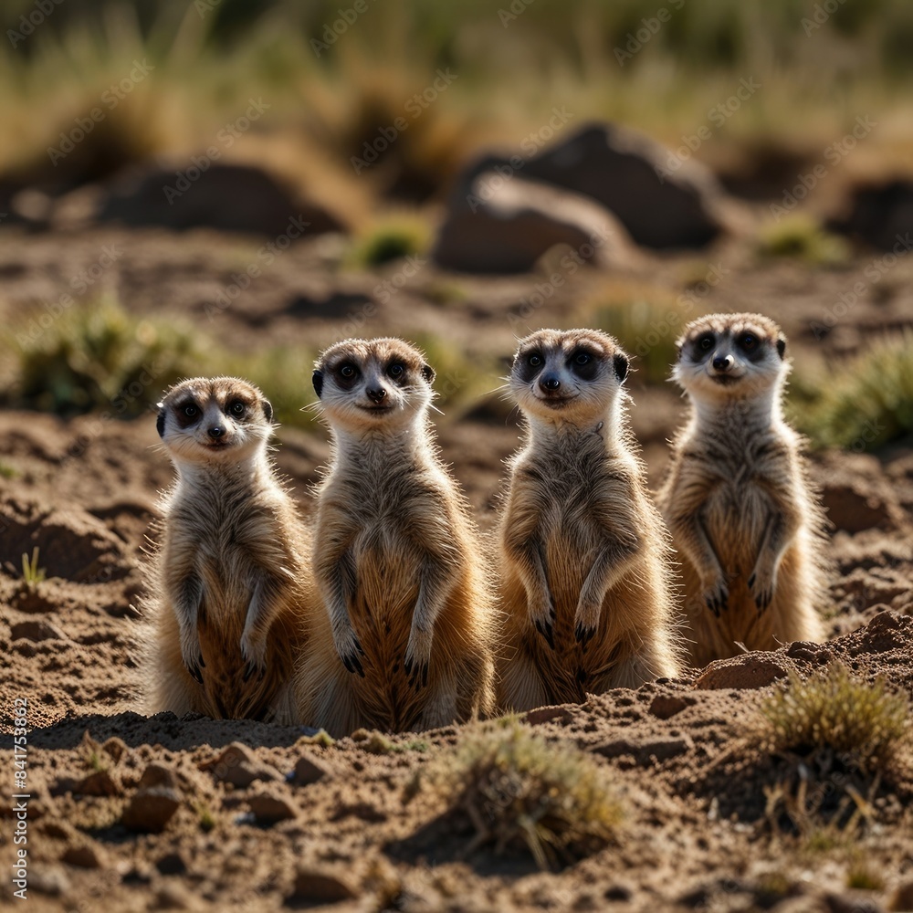 four meerkats are standing in the dirt. four meerkats are standing in the dirt.
