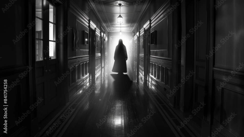 A silhouette of a ghost appearing at the end of a dark, deserted hallway A silhouette of a ghost appearing at the end of a dark, deserted hallway