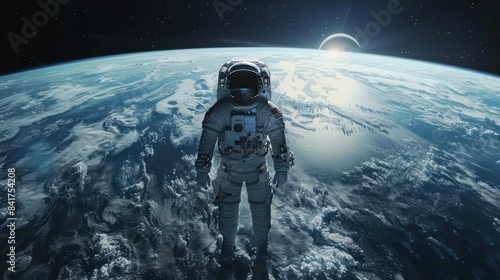 An astronaut floats through the empty expanse of space, with Earth and the Moon behind. © Praphan