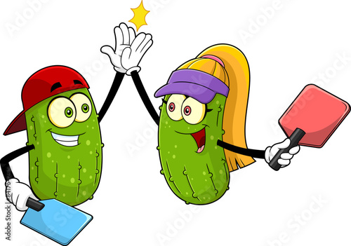 Cute Man And Girl Pickleball Players Cartoon Characters Giving High Five. Vector Hand Drawn Illustration Isolated On Transparent Background