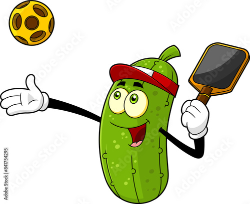 Happy Pickle Cartoon Character Playing Pickleball. Vector Hand Drawn Illustration Isolated On Transparent Background