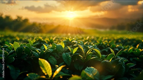 tea plantation art, beautiful illustration showcasing sunlit rows of tea bushes, capturing the essence of natural tea cultivation and the charm of tea plantations