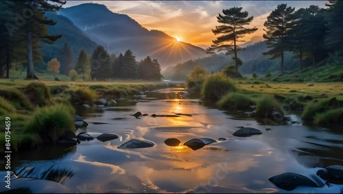 natures beauty, tranquil river flows complement majestic sunrise, creating a serene and picturesque morning view with stunning mountains in the distance