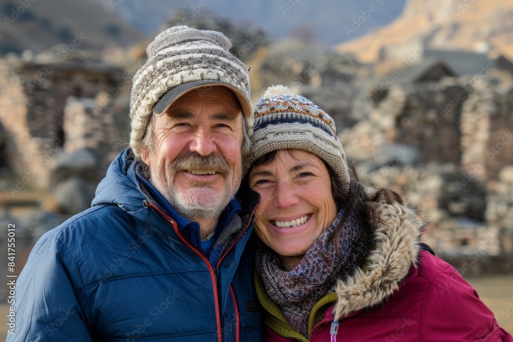 Portrait of a cheerful couple in their 60s dressed in a warm ski hat in front of backdrop of ancient ruins Portrait of a cheerful couple in their 60s dressed in a warm ski hat in front of backdrop of ancient ruins