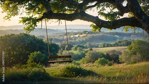 scenic swing spot, an idyllic setting a vintage swing swaying beneath a strong oak tree in scenic rolling hills adorned with vibrant wildflowers, ideal for nature lovers