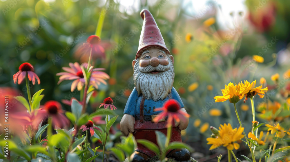 Garden gnome among flowers and greenery Garden gnome among flowers and greenery