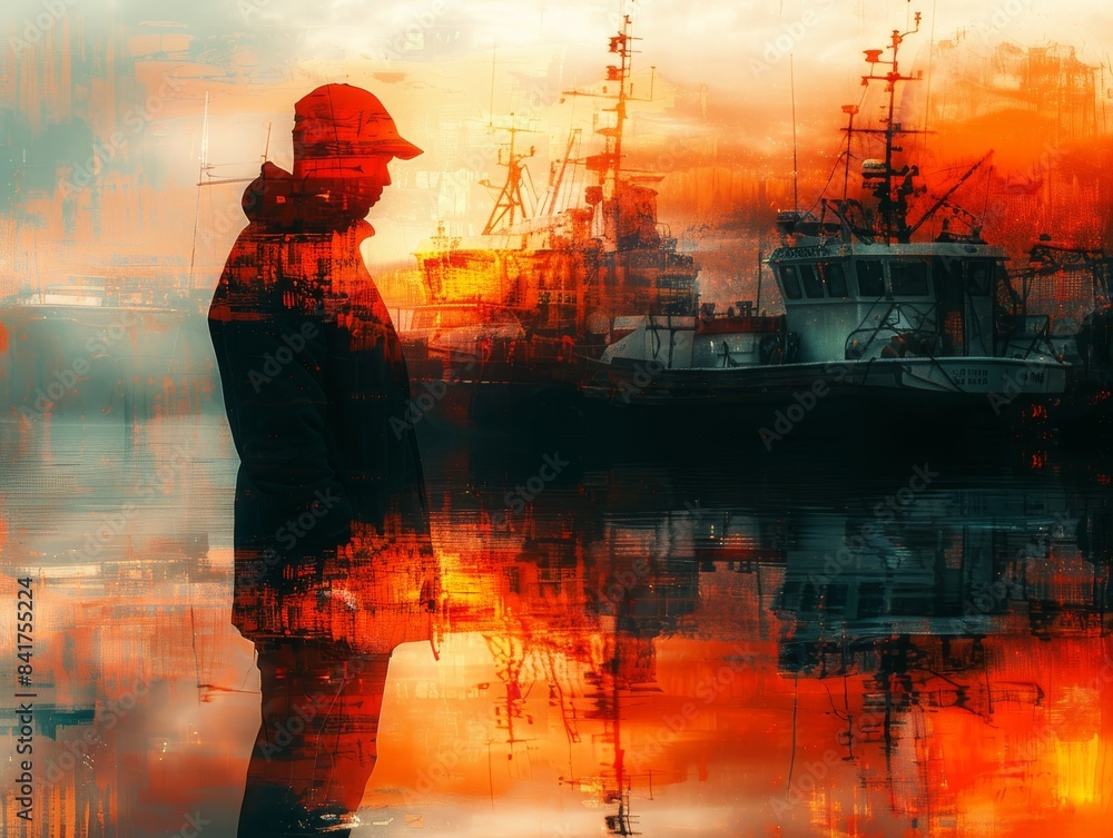 Skilled Fisherman Repairing Boat in Vibrant Harbor Setting with Double Exposure Silhouette of Docked Boats - Close Up Shot with Copy Space Skilled Fisherman Repairing Boat in Vibrant Harbor Setting with Double Exposure Silhouette of Docked Boats - Close Up Shot with Copy Space