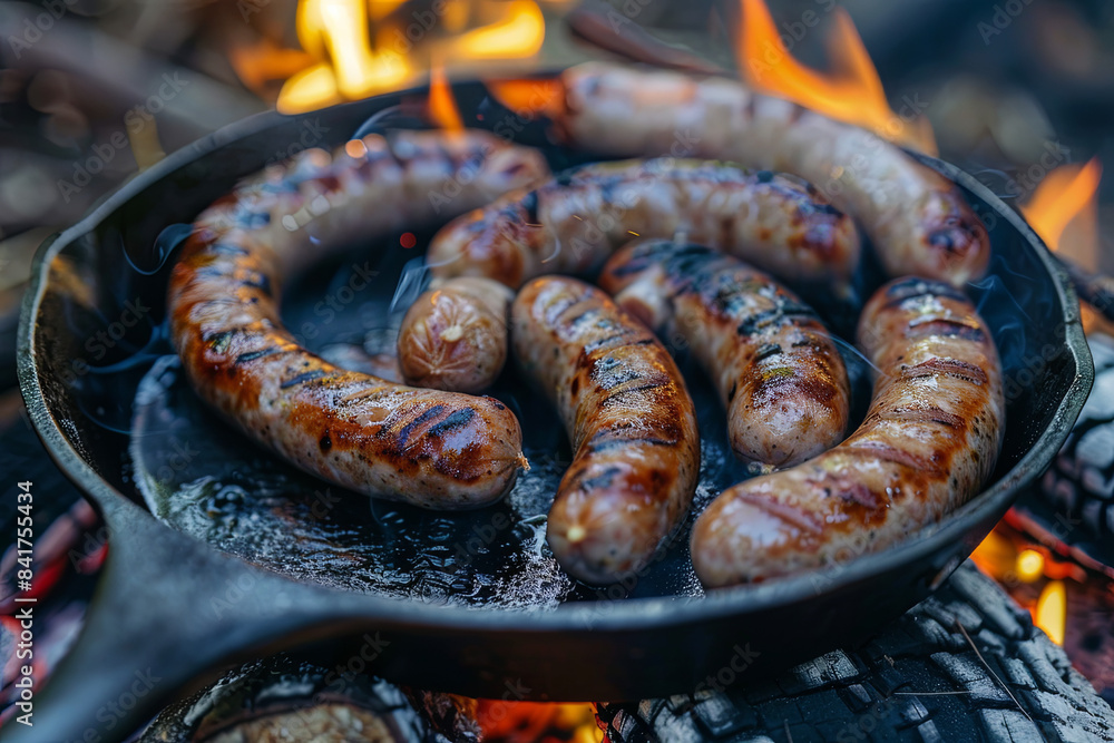 Cooking sausages in cast iron skillet on campfire while camping Cooking sausages in cast iron skillet on campfire while camping