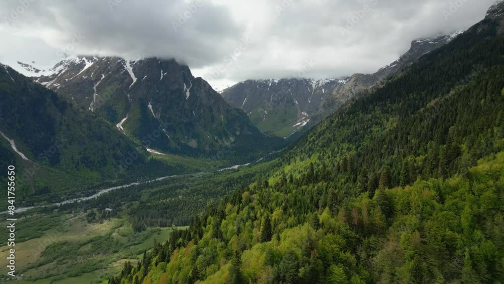 valley meadows mountains, steep peaks in clouds, flight over forest, aerial view valley meadows mountains, steep peaks in clouds, flight over forest, aerial view