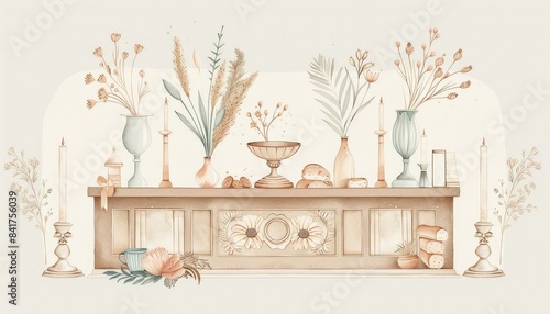 Wallpaper Mural A watercolor painting of a table set with a variety of objects Torontodigital.ca