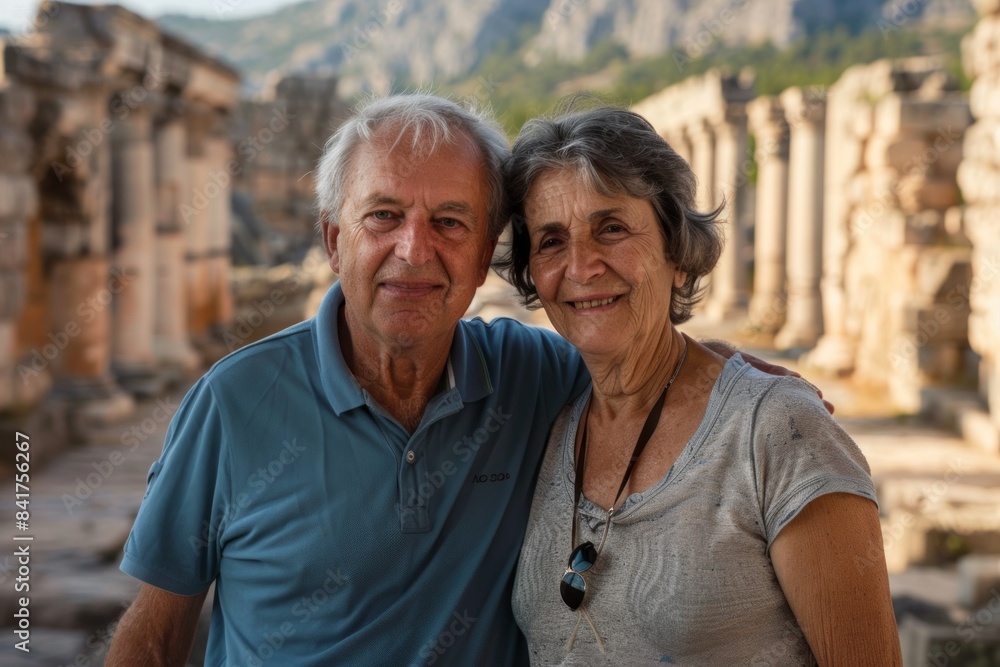 Portrait of a jovial caucasian couple in their 70s wearing a sporty polo shirt on backdrop of ancient ruins Portrait of a jovial caucasian couple in their 70s wearing a sporty polo shirt on backdrop of ancient ruins