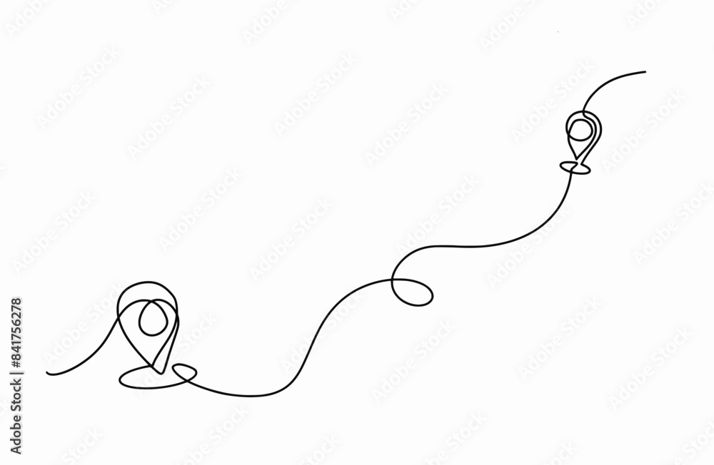 Destination line path with starting point location, Path with location pins. Distance from one point to another in doodle style isolated on white background, vector Illustration Destination line path with starting point location, Path with location pins. Distance from one point to another in doodle style isolated on white background, vector Illustration