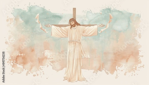 The watercolor painting shows Jesus Christ on the cross with his arms outstretched. photo