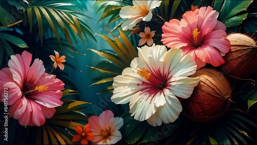 tropical flower paradise, exotic vibrant flowers bloom, saturating the air with sweet coconut scent, evoking a tropical holiday ambiance