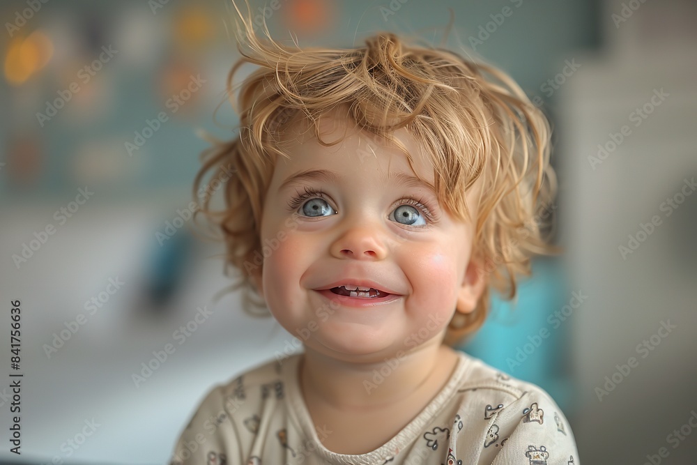 Close-up of a cheerful baby boy seated in a clinic room, smiling happily as he gazes upward. Close-up of a cheerful baby boy seated in a clinic room, smiling happily as he gazes upward.