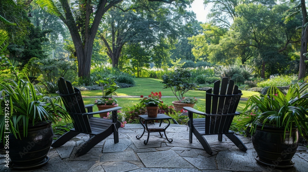 Peaceful Patio with Adirondack Chairs Surrounded by Lush Tropical Vegetation Peaceful Patio with Adirondack Chairs Surrounded by Lush Tropical Vegetation