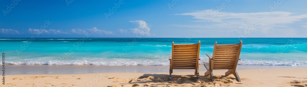 Two lounger chair at calm beach with clear blue sky and ocean water Two lounger chair at calm beach with clear blue sky and ocean water