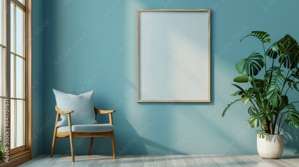 Minimalist interior with empty frame on blue wall, wooden chair, and potted plant near window. Perfect for art or photo display. Minimalist interior with empty frame on blue wall, wooden chair, and potted plant near window. Perfect for art or photo display.