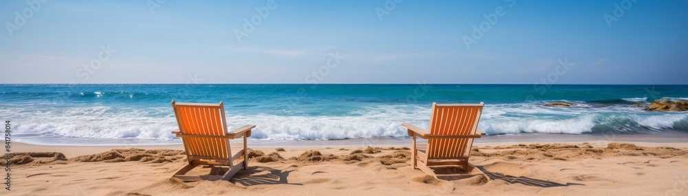 Two lounger chair at calm beach with clear blue sky and ocean water