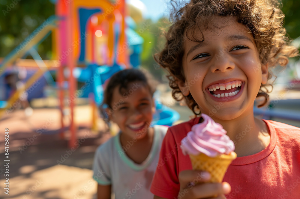 Two happy children enjoying ice cream at a colorful playground on a sunny day Two happy children enjoying ice cream at a colorful playground on a sunny day
