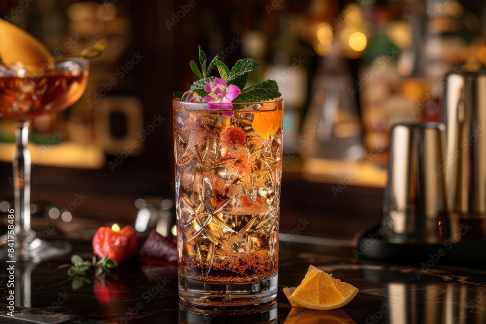 Elegant cocktail glass garnished with fresh fruit and flowers on a dim bar counter, perfect for a sophisticated evening. Elegant cocktail glass garnished with fresh fruit and flowers on a dim bar counter, perfect for a sophisticated evening.