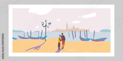 Venice, Italy. Hand drawn vector art illustration. Poster minimalism cartoon creative style 