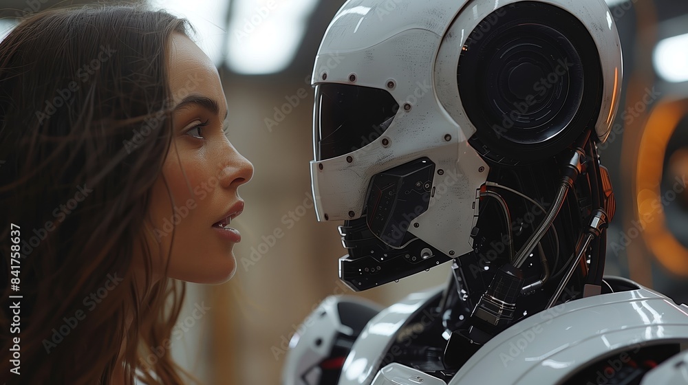 Fototapeta premium Woman Interacting With Advanced Robot in Futuristic Setting