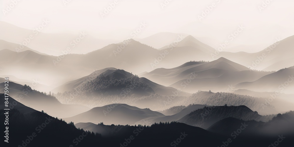 A black and white picture of mountains rock hill background landscape with fog mist vibe. Adventure nature outdoor explore travel scene view