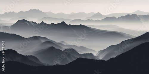 A black and white picture of mountains rock hill background landscape with fog mist vibe. Adventure nature outdoor explore travel scene view