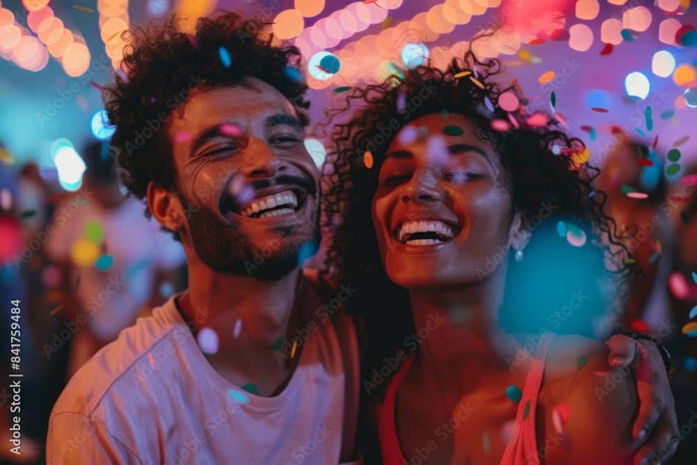 Portrait of a joyful multicultural couple in their 30s dressed in a casual t-shirt in front of vibrant festival crowd Portrait of a joyful multicultural couple in their 30s dressed in a casual t-shirt in front of vibrant festival crowd