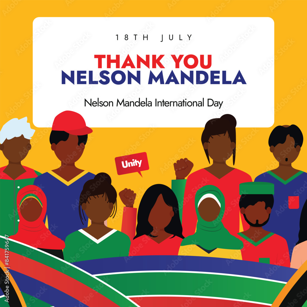 Nelson Mandela International Day. 18th July Nelson Mandela day celebration banner with black people of different religion symbolizing unity, braveness, justice, south Africa flag colour abstract art. Nelson Mandela International Day. 18th July Nelson Mandela day celebration banner with black people of different religion symbolizing unity, braveness, justice, south Africa flag colour abstract art.