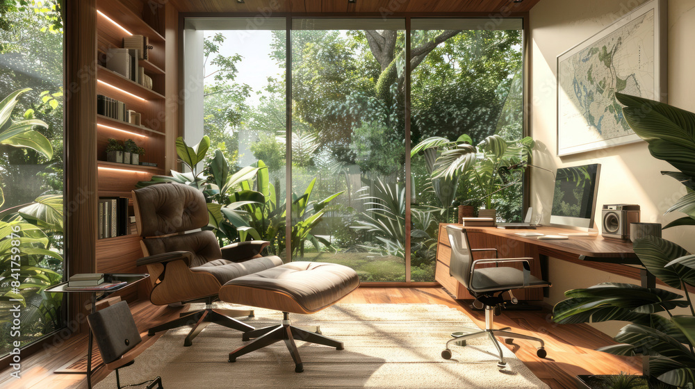 Home office with a serene garden view and natural light