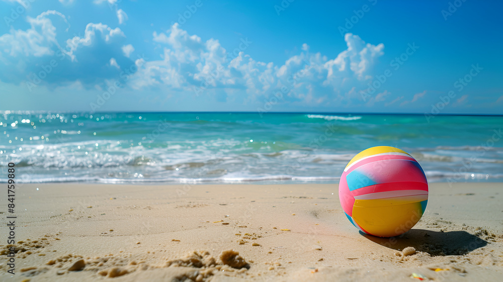 Colorful volleball ball lying on sunny beach Colorful volleball ball lying on sunny beach